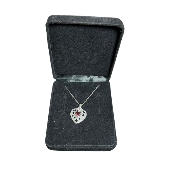 VTG Sterling Silver Necklace W/Heart Garnet And Diamond Chips Pendant EA (2736) - Picture 1 of 8